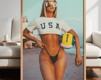 Retro Beach Soccer Poster | Vintage Blonde with Ball | 300 DPI