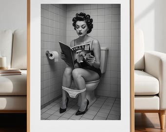 Elegant Woman on Toilet Reading Vogue, B&W Poster