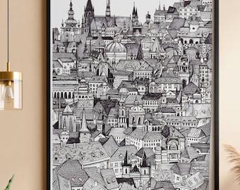 Medieval Village Poster – Pen Drawing Black and White