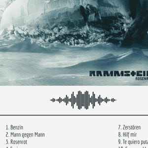 May include: Album cover featuring the band name "RAMMSTEIN" and the album title "ROSENROT" in black text. The background shows a grayscale image of a ship in icy waters. Below, a sound wave graphic and a tracklist are visible.