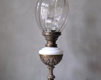 Vintage Mid Century Bronze, Porzellan, Kristall Schirm große Hand Made Tischlampe, Licht.