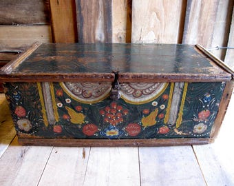 Vintage antieke vroege jaren 1800 oude bruiloft, reizen, handgeschilderde opbergkist.