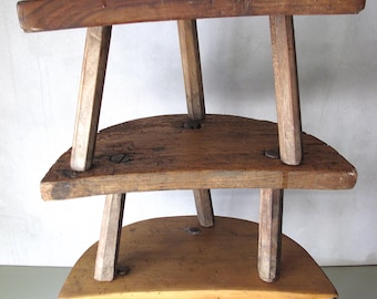 Vintage 30s Lot Of Three (3) Cottage Style , Primitive, Rustic, Fireplace Wooden Hand Made Stools.