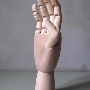 Mano meccanica in legno, statua.
