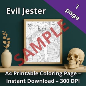 Evil Jester Coloring Page, Haunted Mansion Gothic Art, Digital Download PDF, Halloween Printable, A4 Adult Coloring Sheet