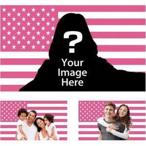 May include: A rectangular graphic featuring a pink and white American flag pattern. The center displays a black silhouette of a person with a white question mark and the text Your Image Here, showing examples of family and couple photos.