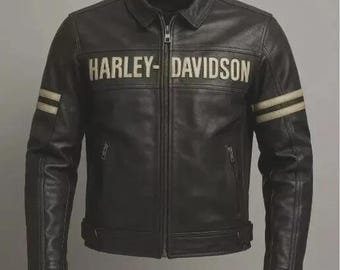 Harley Davidson Men&#39;s Black Motorcycle Jacket Real Cowhide Leather Biker Jacket