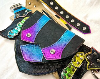 MEDIUM Black and Rainbow Regal Pocket Belt - Festival belt - Leather belt pouch - Burning Man - Utility Belt - Fanny pack - Belt bag- RTS