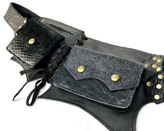 Ready to Ship LARGE BAT Pocket Belt Black Burning Man Utility Festival Steampunk Costume leather pirate renaissance goth