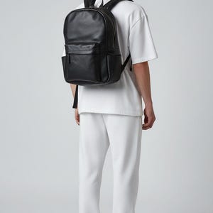 Personalized Black Leather Laptop Backpack: Minimalist Travel Rucksack