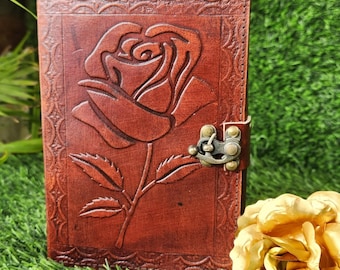 Personalized Rose Leather Journal with Lock: Handmade Paper Vintage Diary
