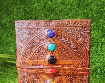 Handmade Leather Journal: Pentagram Grimoire with Gemstones