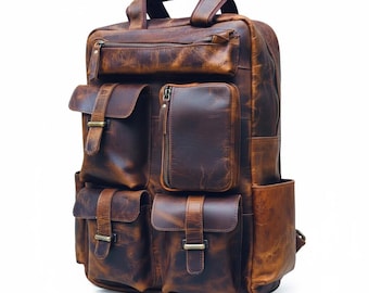 Mochila de cuero personalizada para portátil: Mochila de viaje artesanal con aspecto envejecido