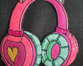 Mädchen Kopfhörer Ohren Backpatch Pailletten XXL