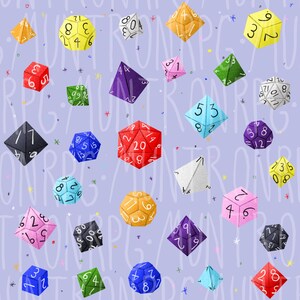 May include: A pattern of colorful polyhedral dice in various shapes and colors, including red, blue, yellow, and purple. The dice are scattered across a light purple background with the word "RPG" in the background.