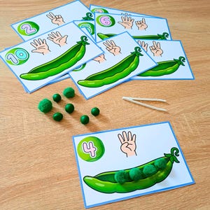 May include: A set of educational counting cards featuring illustrations of green pea pods, numbers, and hands showing fingers. The set includes small green pom-poms and a pair of white plastic tweezers for interactive learning and counting practice.