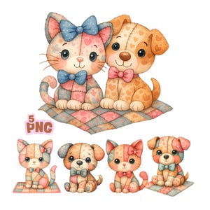 Puede incluir: Ilustración en acuarela de un gato y un perro, cada uno con diseños de patchwork cosidos. El gato lleva un lazo azul y el perro un lazo rosa. Imágenes adicionales muestran al gato y al perro en varias poses. La imagen incluye el texto "5 PNG".