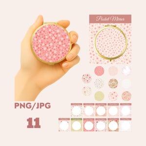 Könnte beinhalten: Ein runder, goldfarbener Taschenspiegel mit einem rosa Blumenmuster. Der Spiegel wird in einer Hand gehalten und mit einer passenden Designkarte und mehreren Musterbeispielen gezeigt. Der Text "Pocket Mirror" ist sichtbar.
