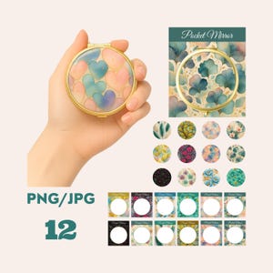 Puede incluir: Un espejo de bolsillo redondo dorado con un diseño de corazones en tonos rosa, azul y morado. El espejo se sostiene en una mano. Se muestran opciones de diseño adicionales, junto con el texto "Pocket Mirror".
