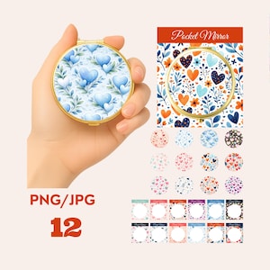 May include: A gold-colored, round pocket mirror with a blue heart design, held in a hand. The mirror's design features light blue hearts and green leaves on a white background. Additional mirror designs and frames are displayed.