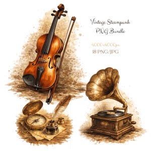 Könnte beinhalten: Aquarellillustration eines Vintage-Steampunk-PNG-Bundles. Das Bild zeigt eine Geige, ein Grammophon, einen Kompass, eine Feder und ein Tintenfass. Der Text im Bild lautet "Vintage Steampunk PNG Bundle" und "4000x4000px 18 PNG/JPG".