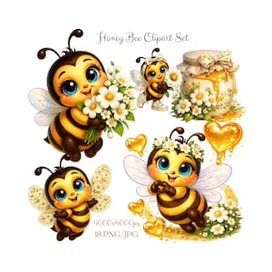 May include: A digital illustration set titled "Honey Bee Clipart Set" featuring cartoon bees with large blue eyes, holding flowers, and a jar of honey. The bees are yellow and black with white wings. The image also includes golden hearts and white flowers.