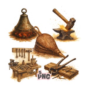 May include: Watercolor illustration of blacksmith tools, including a forge with glowing embers, a hammer striking an anvil, bellows, a workbench with tools, and tongs with nails. The image has a rustic, vintage aesthetic.