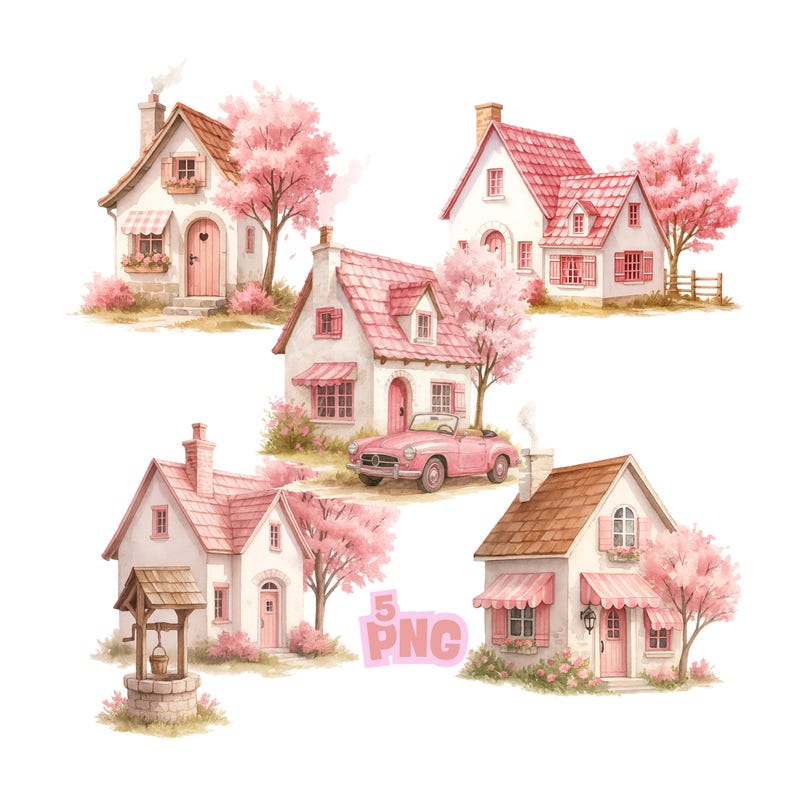 Pink Cottage House Clipart Set, 5 PNG Cozy Vintage Homes, Watercolor ...