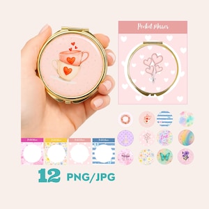 May include: A gold-toned pocket mirror with a pink background and a watercolor illustration of two stacked teacups with heart details. The image includes a variety of design options and the text "Pocket Mirror" and "12 PNG/JPG".