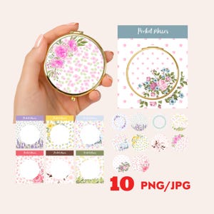 Pode incluir: Um espelho de bolso redondo dourado com um design floral com rosas cor-de-rosa e pequenas flores cor-de-rosa sobre um fundo branco. A imagem inclui designs florais adicionais e o texto "Pocket Mirror" e "10 PNG/JPG".