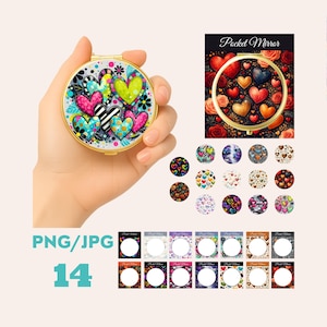 May include: A gold-colored, round pocket mirror with a colorful heart design. The mirror features a variety of hearts in pink, blue, green, and black, with floral accents. The text "Pocket Mirror" is visible on a card with a heart design.