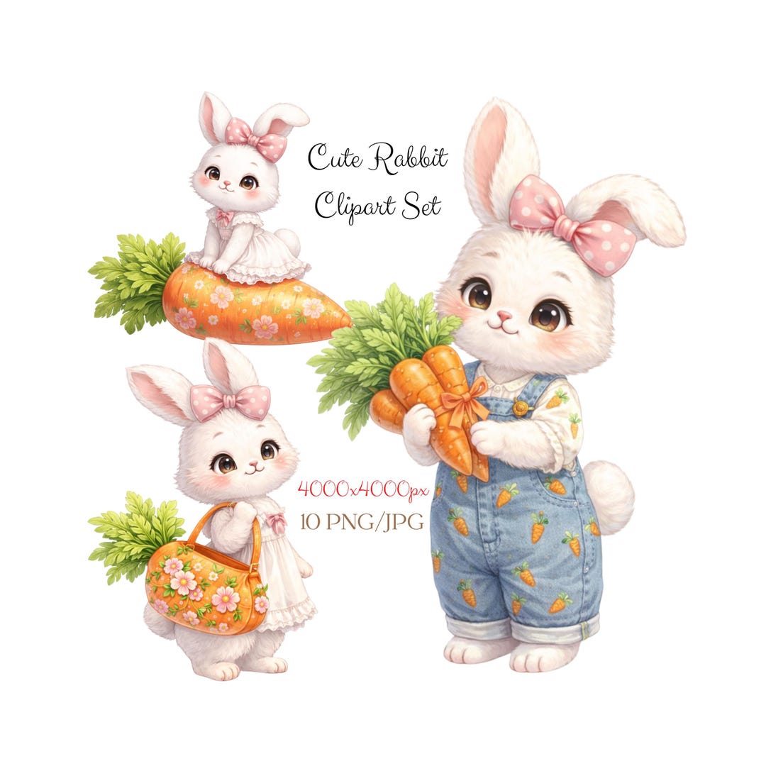 Spring Rabbit Clipart Set, Floral Illustration, 10 PNG/JPG (digital ...