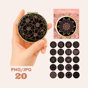 May include: A round, black pocket mirror with a gold-colored frame and a floral design in a lighter shade of gold. The mirror is held in a hand. The words "Pocket Mirror" are printed on a pink background.
