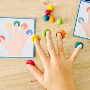 Könnte beinhalten: Eine Hand mit kleinen Kugeln aus bunter Knete auf jeder Fingerspitze, die den farbigen Kreisen auf zwei gedruckten Karten entsprechen. Die Knetstücke sind gelb, grün, orange, blau und rot und sind passend zu den Handillustrationen angeordnet.