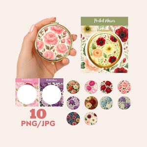 May include: A gold-toned, round pocket mirror with a floral design featuring pink peonies. The image also shows a card with the text "Pocket Mirror" and several other floral designs. The image includes the text "10 PNG/JPG".