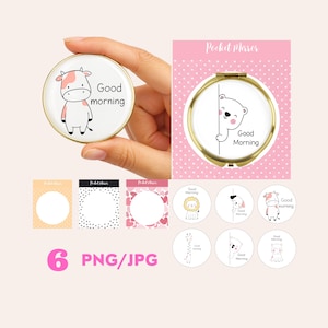 May include: A collection of pocket mirrors with gold rims and various designs. One mirror features a cow illustration with the text "Good morning." Another shows a bear illustration with the same text. Additional designs include a lion, dog, giraffe, and a pig.