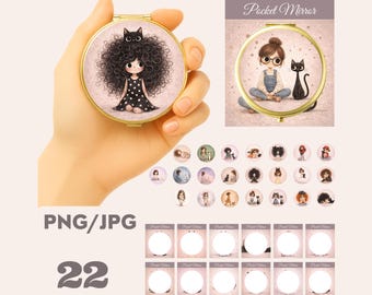 Lockiges Haar Mädchen Taschenspiegel Designs, Kawaii Clipart Bundle (digitaler Download)