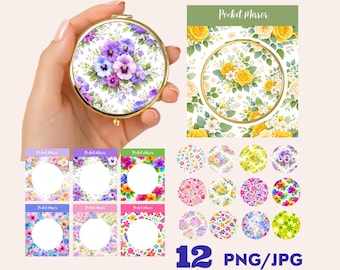 Floral Pocket Mirror Designs , Elegant Line Art , Instant Download