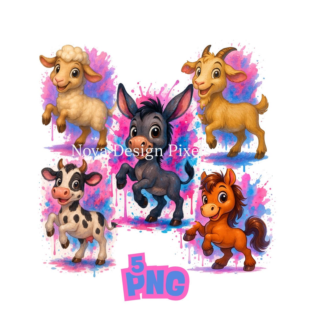 5 Watercolor Farm Animals PNG Clipart Bundle: Lamb, Goat, Cow, Donkey ...