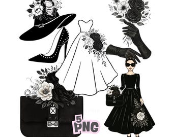Elegant Black And White Fashion Clipart Set – Vintage Glam Woman, Handbag, Dress, Hat And Heels – Digital Download PNG Files