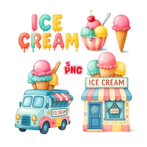 Puede incluir: Ilustración en acuarela de conos, cuencos y un camión y tienda de helados. La palabra "ICE CREAM" está escrita en letras coloridas y goteantes. La imagen incluye una combinación de colores rosa, azul y amarillo, con un gráfico "5 PNG".