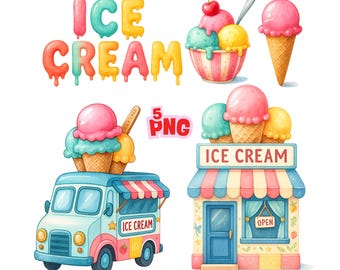 Ice Cream Clipart Set, Truck, Cone, Bowl PNG (Digital Download)