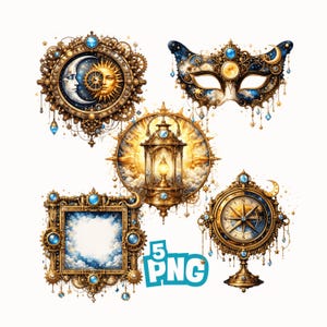 May include: A collection of five ornate, steampunk-style designs. Includes a celestial clock face with a moon and sun, a masquerade mask, a lantern, a picture frame, and a compass. Each design features gold, blue, and crystal accents, with the text "5 PNG".