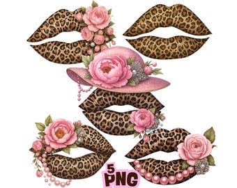 Leopard Lips Clipart – Glamorous Floral PNGs (Digital Download)