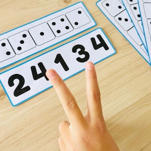 Può includere: Carte educative rettangolari bianche con bordi blu che presentano motivi a punti di domino neri e i numeri stampati in nero 2, 4, 1, 3 e 4. Le carte sono disposte su una superficie in legno chiaro, mostrando varie combinazioni di punti.