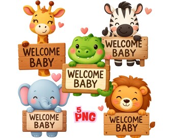 Watercolor Baby Shower Clipart, Jungle PNG,  Nursery Art.