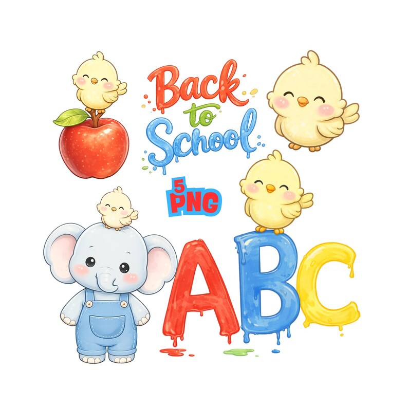 Back to School Clipart Set, Elephant, Chick, Letters of the Alphabet ...
