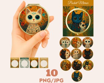 Boho Cat Pocket Mirror Designs , Printable Compact Mirror Art , Instant Download
