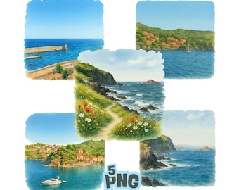Kust aquarel clipartset: schilderachtige mediterrane en landelijke landschapslijst (digitale download)