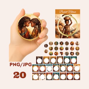 May include: A gold-coloured pocket mirror featuring an illustration of two women with dark skin and detailed hairstyles. The image also includes a pocket mirror with a child carrying a water jug, plus 20 PNG/JPG images.